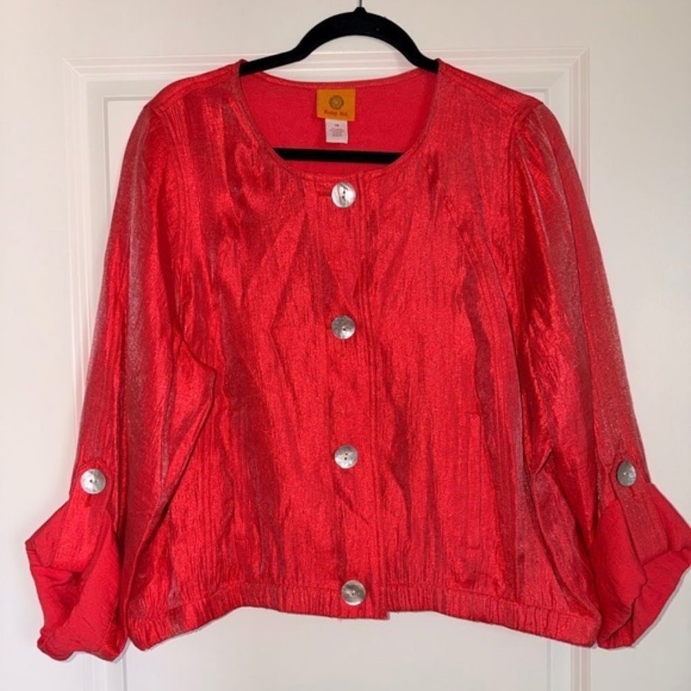 Ruby Rd. Vibrant Red Crinkle Cropped Shirt Jacket with Silver Accent Buttons